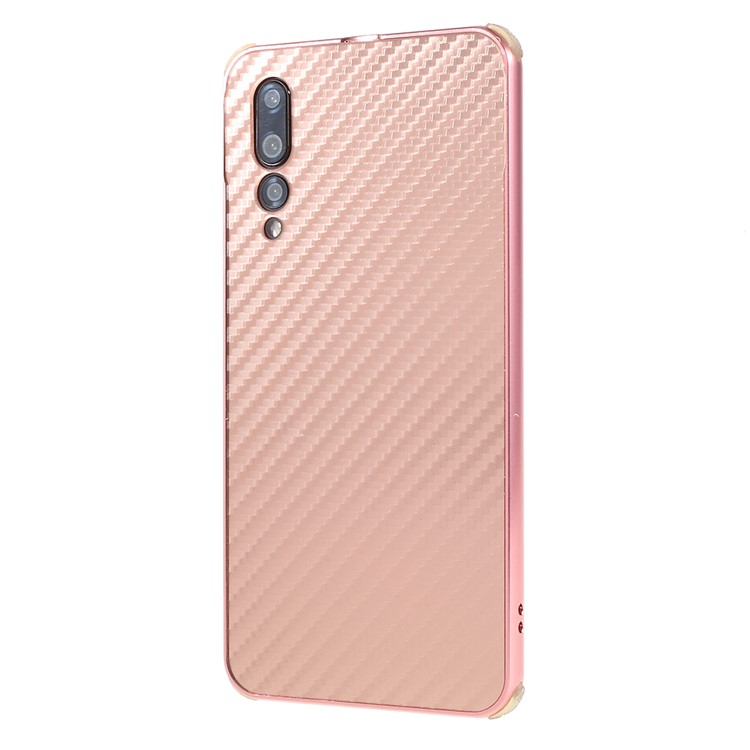 Electroplated Metal Bumper + Carbon Fiber PC Back Panel Slide-on Case Cover for Huawei P20 Pro - Rose Gold-2