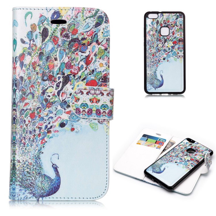 Patterned Detachable 2-in-1 Wallet Leather Case for Huawei P10 Lite 2017 - Peacock-1