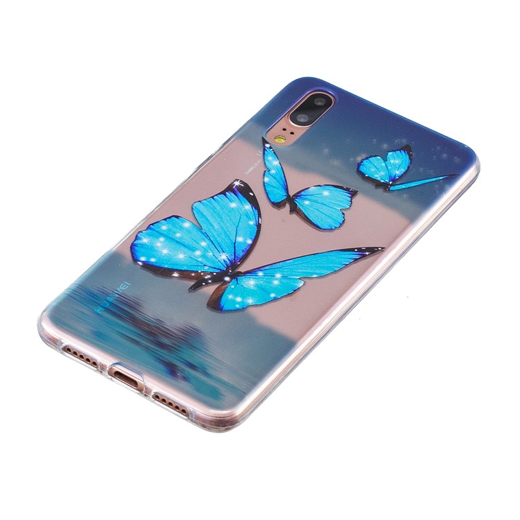 Pattern Printing Embossed TPU Shell Case for Huawei P20 - Blue Butterflies-2
