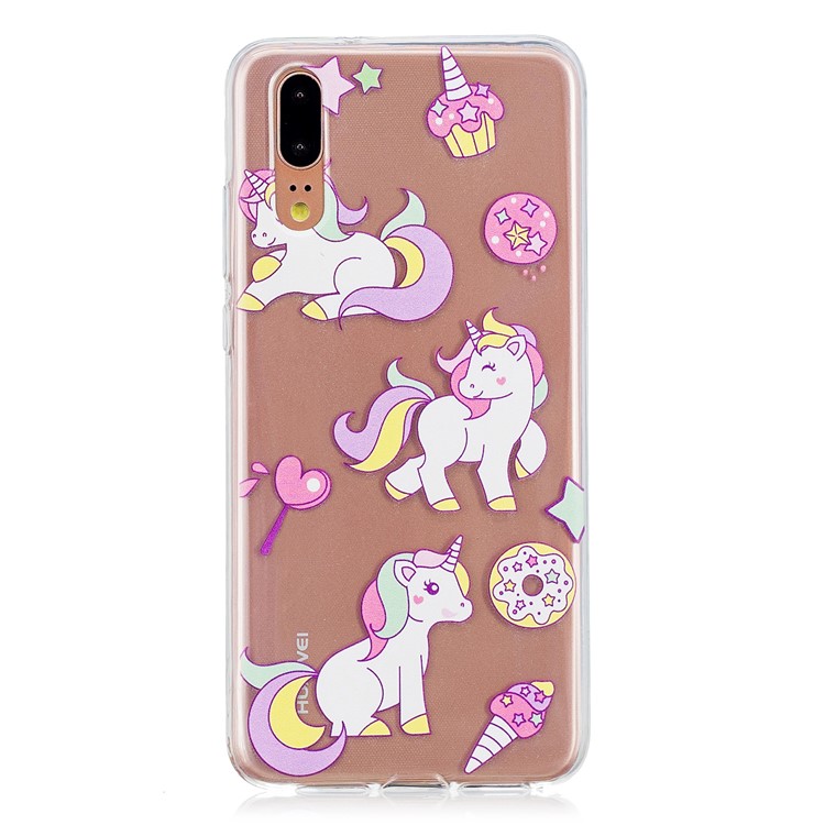 Pattern Printing Embossed TPU Cover for Huawei P20 - Doughnut and Unicorn-1