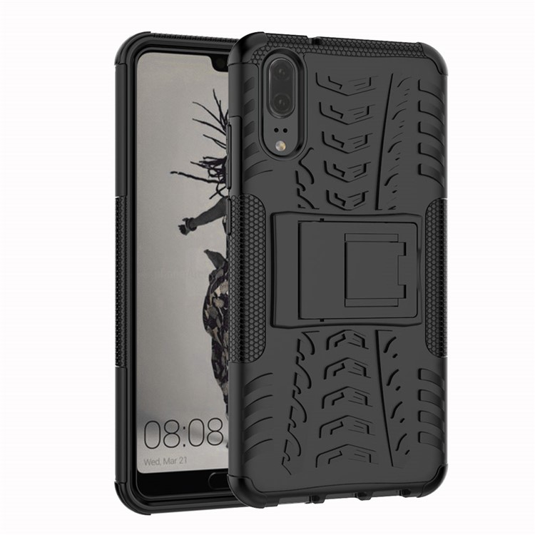 Anti-slip PC + TPU Hybrid Case with Kickstand for Huawei P20 - Black-1