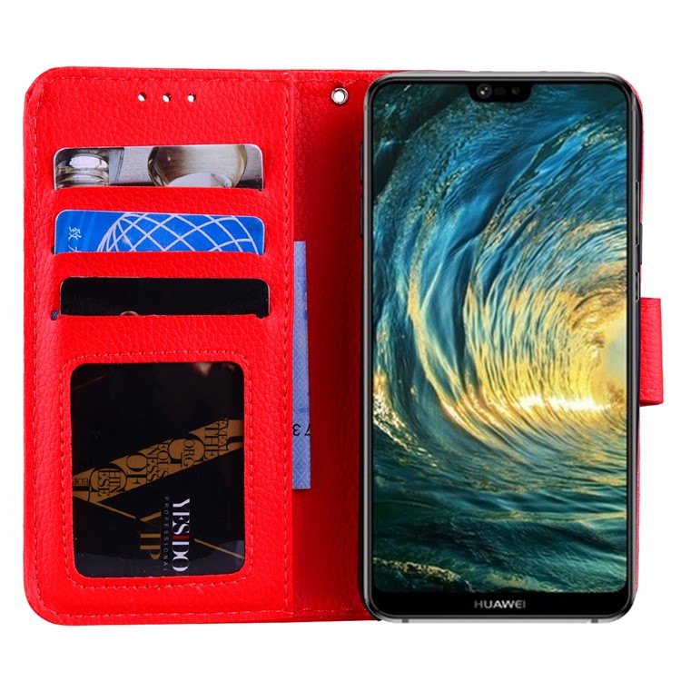 Litchi Skin Wallet Leather Stand Cover for Huawei P20 - Red-6