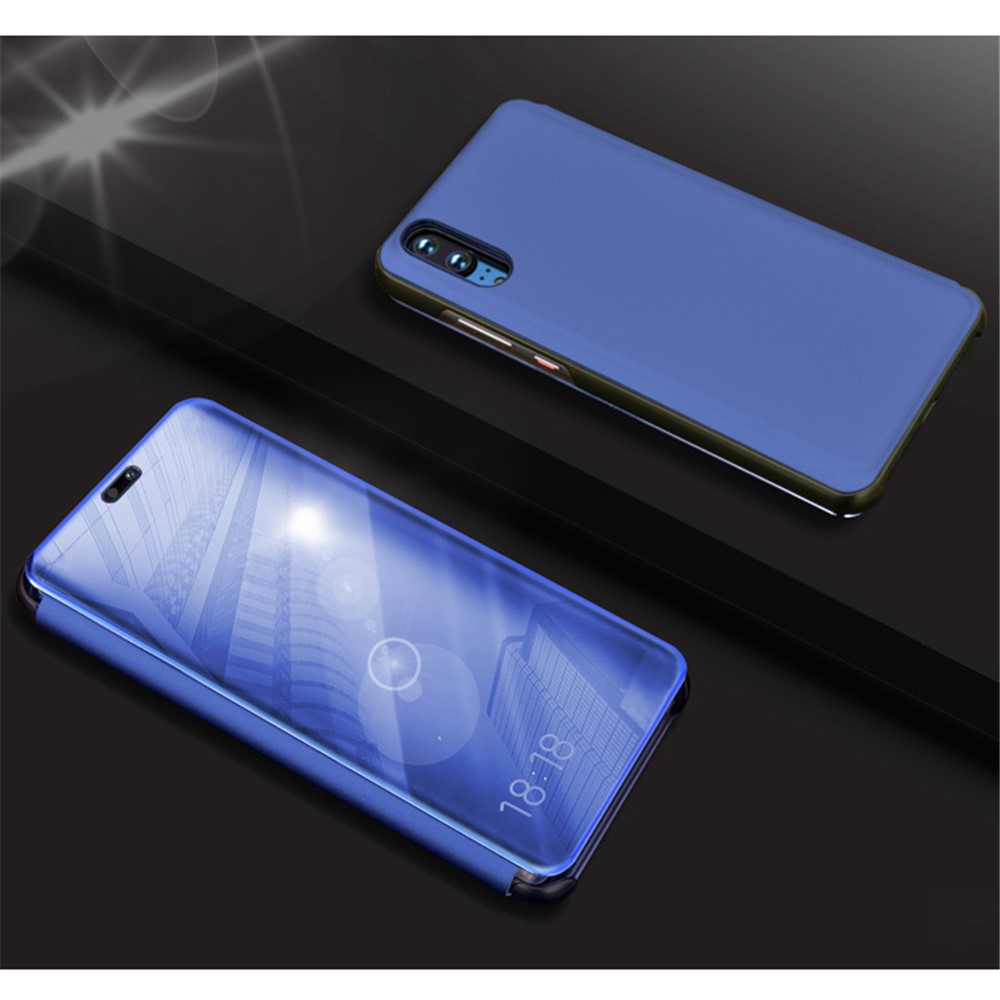 Electroplating Mirror Surface View Window Leather Stand Shell for Huawei P20 Pro - Blue-1