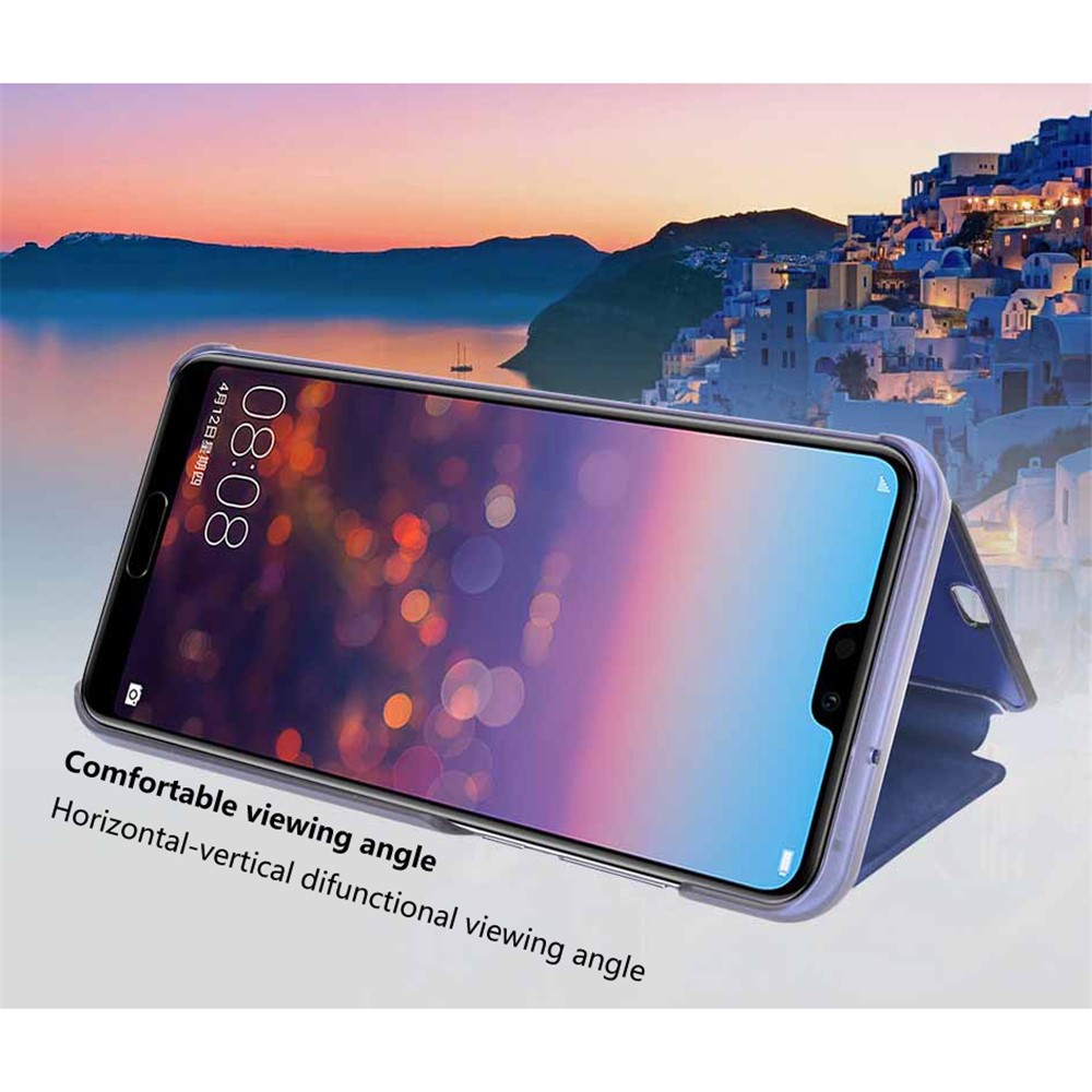 Electroplating Mirror Surface View Window Leather Stand Shell for Huawei P20 Pro - Blue-3