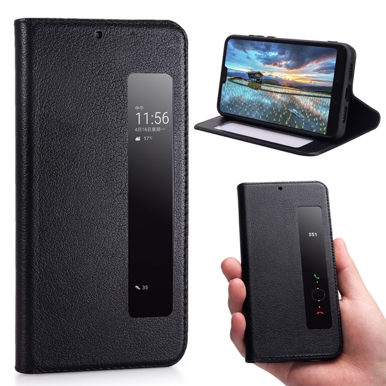 View Window Genuine Leather Auto Wake Up / Sleep Stand Flip Case for Huawei P20 - Black-1