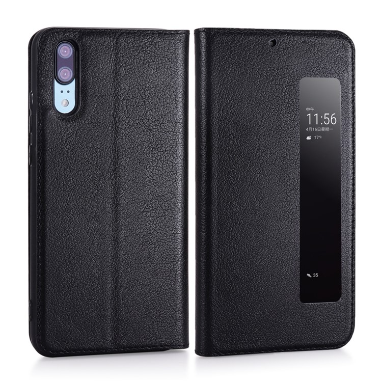 View Window Genuine Leather Auto Wake Up / Sleep Stand Flip Case for Huawei P20 - Black-13