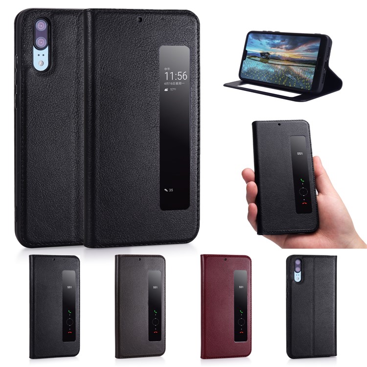 View Window Genuine Leather Auto Wake Up / Sleep Stand Flip Case for Huawei P20 - Black-14