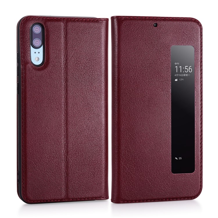 View Window Genuine Leather Auto Wake Up / Sleep Stand Folio Cover Accessory for Huawei P20 - Wine Red-2