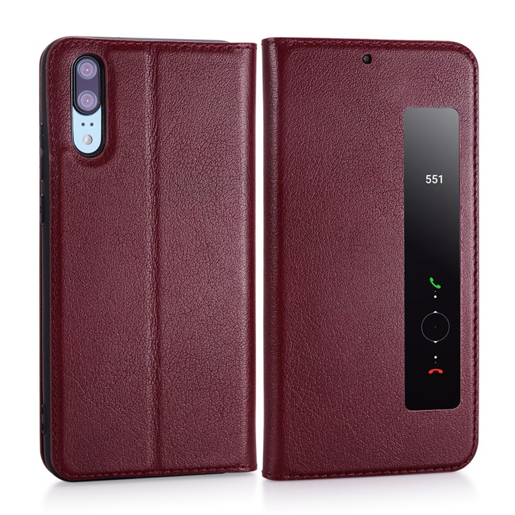View Window Genuine Leather Auto Wake Up / Sleep Stand Folio Cover Accessory for Huawei P20 - Wine Red-3