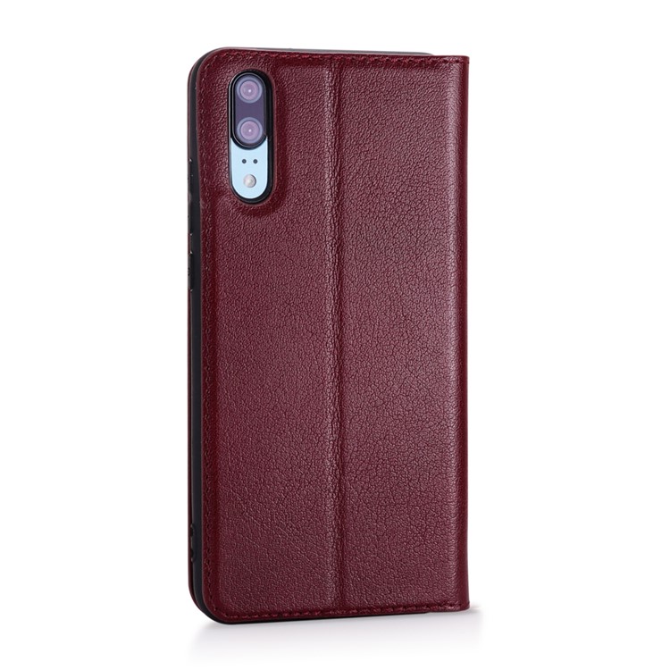 View Window Genuine Leather Auto Wake Up / Sleep Stand Folio Cover Accessory for Huawei P20 - Wine Red-4
