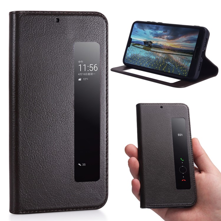 View Window Genuine Leather Auto Wake Up / Sleep Stand Flip Case Shell for Huawei P20 - Coffee-1