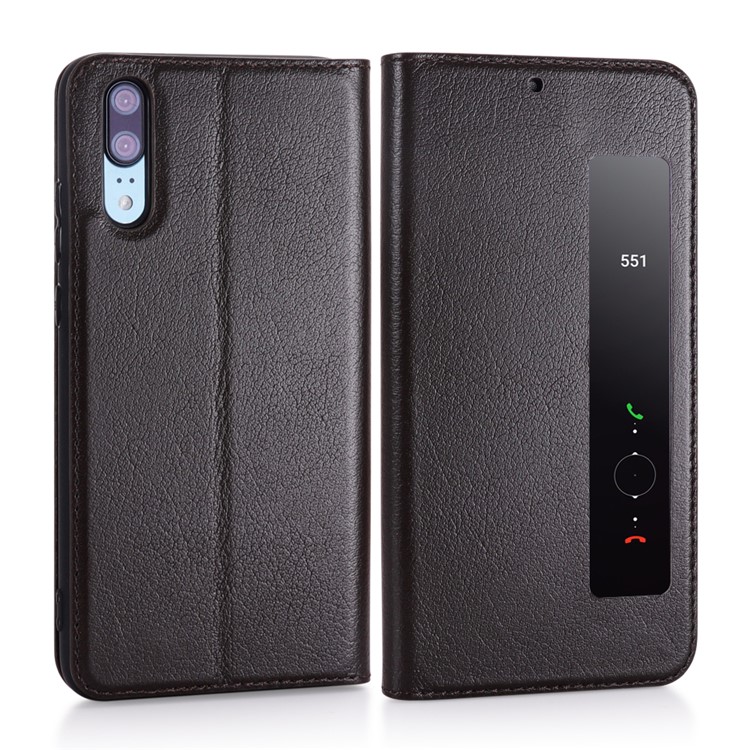 View Window Genuine Leather Auto Wake Up / Sleep Stand Flip Case Shell for Huawei P20 - Coffee-3