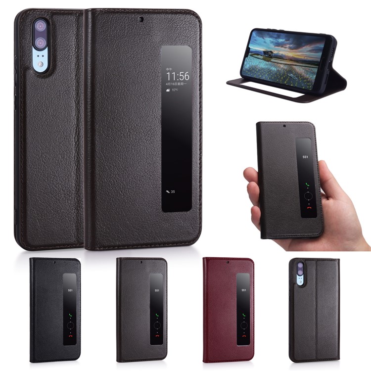 View Window Genuine Leather Auto Wake Up / Sleep Stand Flip Case Shell for Huawei P20 - Coffee-7