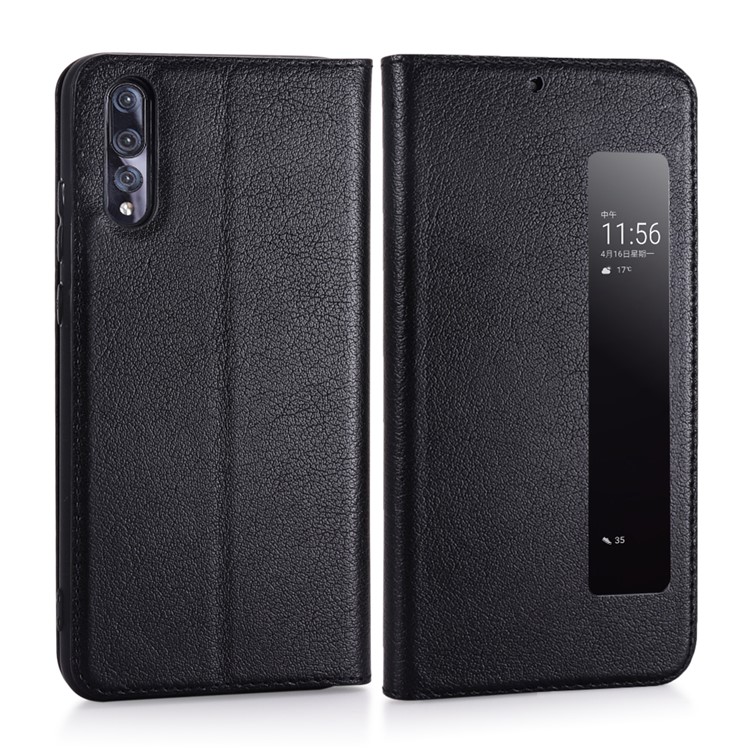 View Window Genuine Leather Auto Wake Up / Sleep Stand Flip Case for Huawei P20 Pro - Black-3