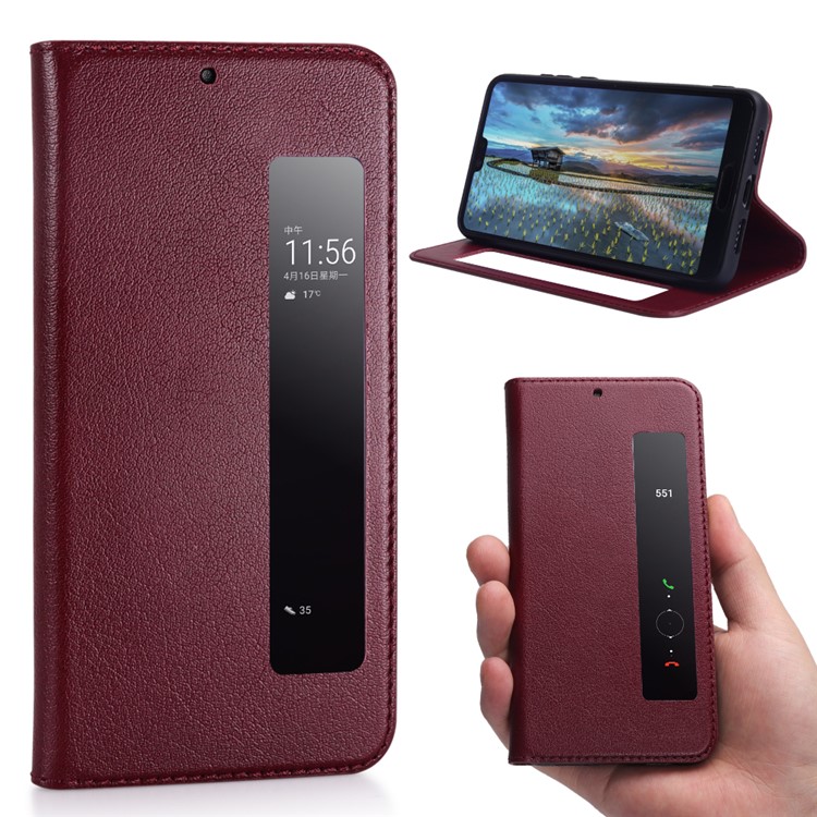 View Window Genuine Leather Auto Wake Up / Sleep Stand Folio Cover for Huawei P20 Pro - Wine Red-1