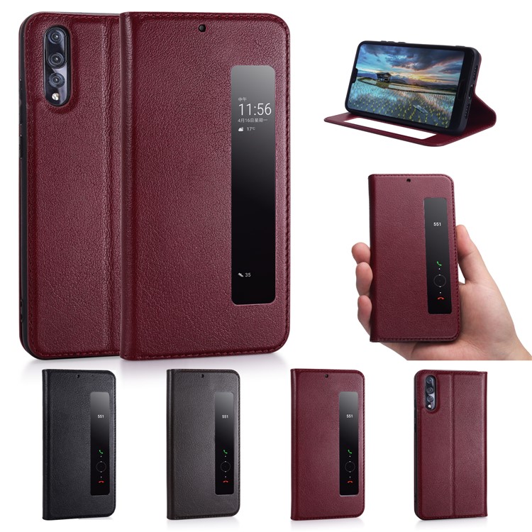 View Window Genuine Leather Auto Wake Up / Sleep Stand Folio Cover for Huawei P20 Pro - Wine Red-2