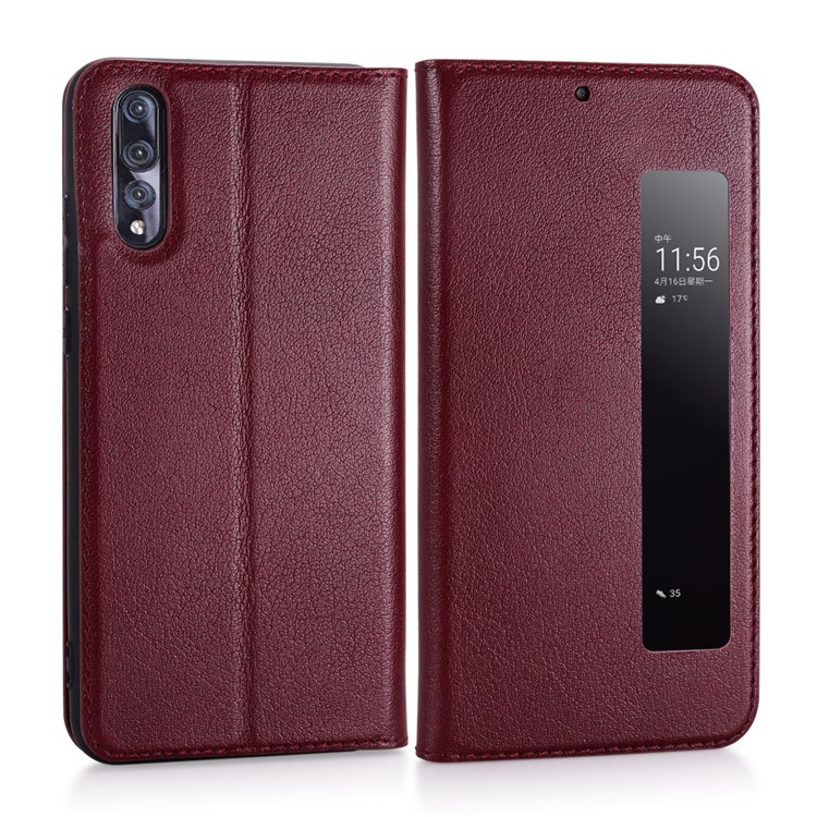 View Window Genuine Leather Auto Wake Up / Sleep Stand Folio Cover for Huawei P20 Pro - Wine Red-3