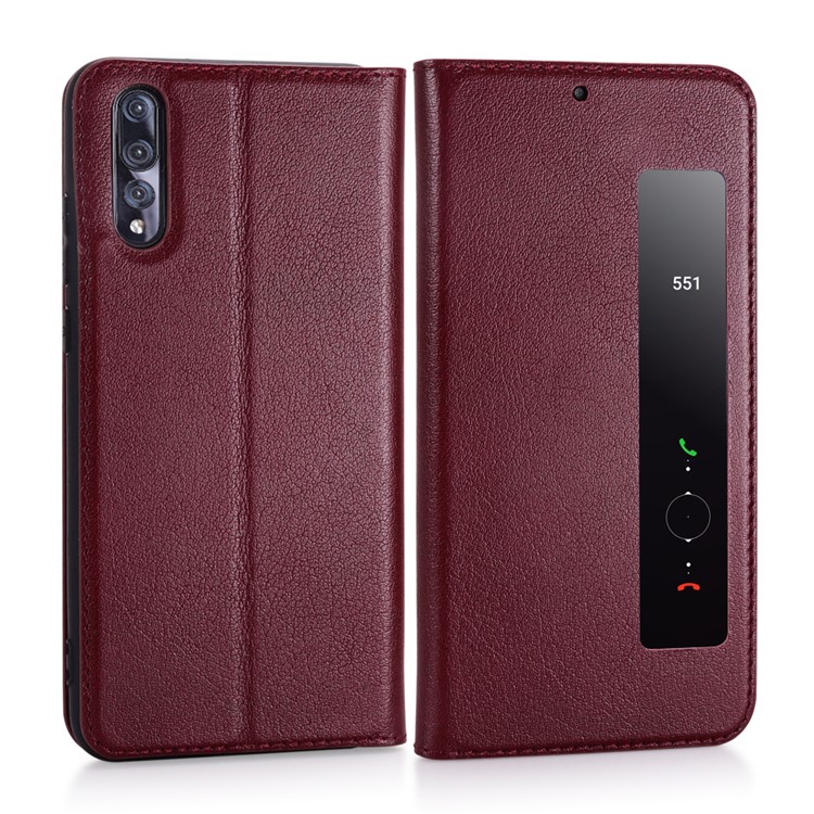 View Window Genuine Leather Auto Wake Up / Sleep Stand Folio Cover for Huawei P20 Pro - Wine Red-4