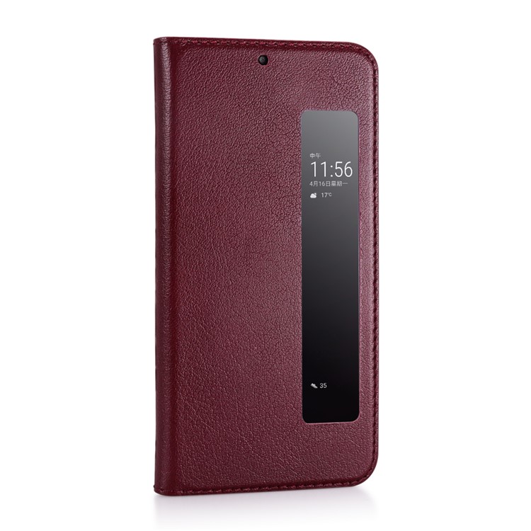 View Window Genuine Leather Auto Wake Up / Sleep Stand Folio Cover for Huawei P20 Pro - Wine Red-6