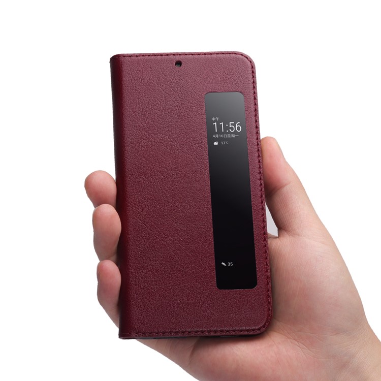 View Window Genuine Leather Auto Wake Up / Sleep Stand Folio Cover for Huawei P20 Pro - Wine Red-9
