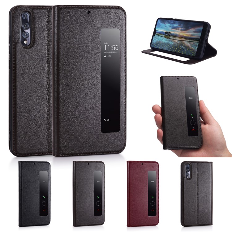 Para Huawei P20 Pro View Window Window Leather Alow Up / Sono Stand Protetive Mobile Casing - Café-2