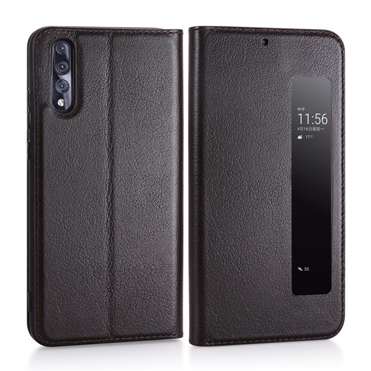 For Huawei P20 Pro View Window Genuine Leather Auto Wake Up / Sleep Stand Protective Mobile Casing - Coffee-3