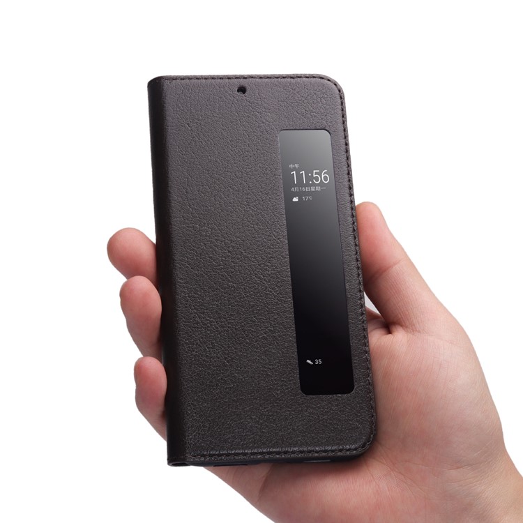 For Huawei P20 Pro View Window Genuine Leather Auto Wake Up / Sleep Stand Protective Mobile Casing - Coffee-9