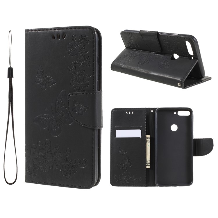 Imprint Butterfly Flower Wallet Stand Leather Case for Huawei Y7 Prime (2018)/Nova 2 Lite/Honor 7C/Enjoy 8 - Black-1