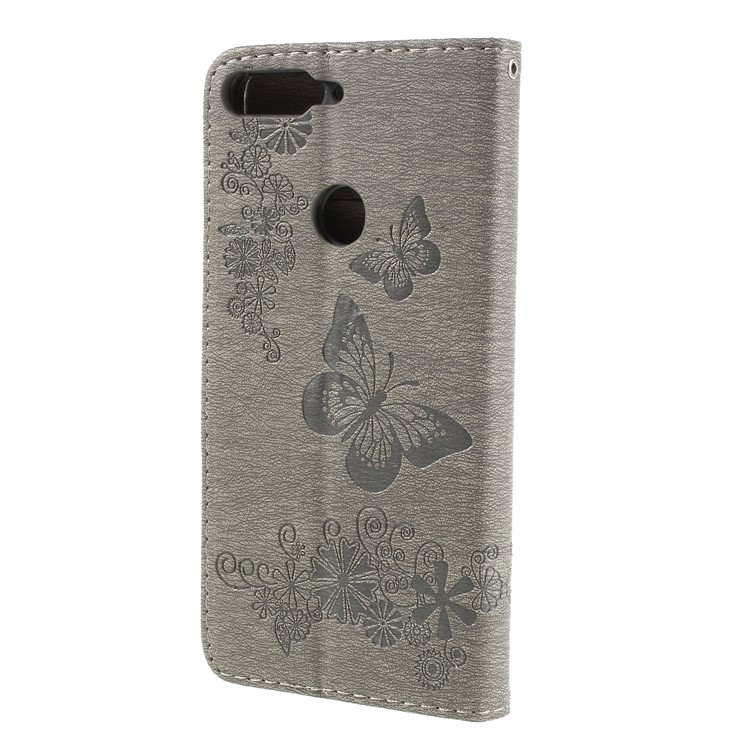 Imprint Butterfly Flower Wallet Stand Leather Cover for Huawei Y7 Prime (2018)/Nova 2 Lite/Honor 7C/Enjoy 8 - Grey-2