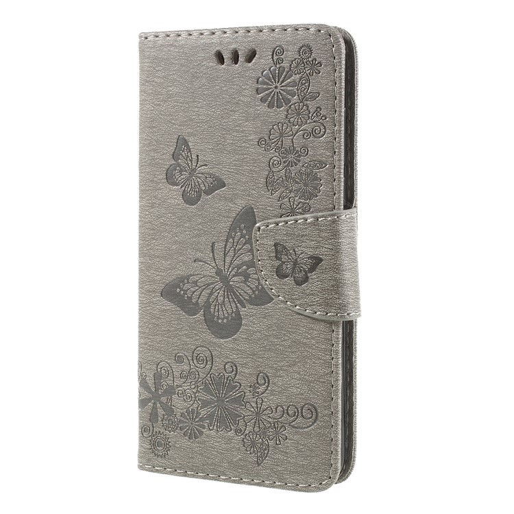 Imprint Butterfly Flower Wallet Stand Leather Cover for Huawei Y7 Prime (2018)/Nova 2 Lite/Honor 7C/Enjoy 8 - Grey-3
