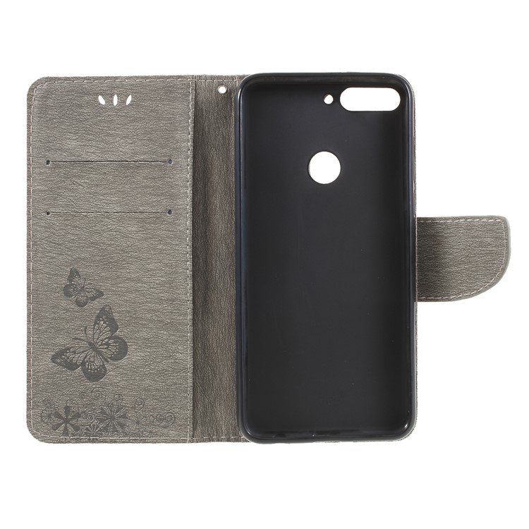 Imprint Butterfly Flower Wallet Stand Leather Cover for Huawei Y7 Prime (2018)/Nova 2 Lite/Honor 7C/Enjoy 8 - Grey-6