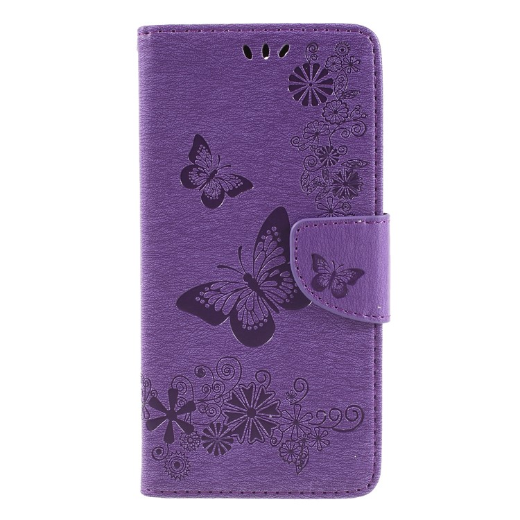 Imprint Butterfly Flower Wallet Stand Leather Cell Phone Case for Huawei Y7 Prime (2018)/Nova 2 Lite/Honor 7C/Enjoy 8 - Purple-1