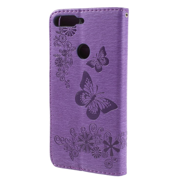 Imprint Butterfly Flower Wallet Stand Leather Cell Phone Case for Huawei Y7 Prime (2018)/Nova 2 Lite/Honor 7C/Enjoy 8 - Purple-2
