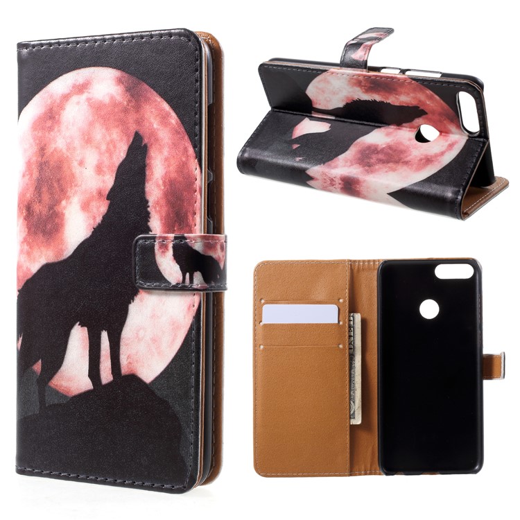 Pattern Printing PU Leather Stand Case for Huawei P Smart / Enjoy 7S - Wolf Howling at the Moon-1