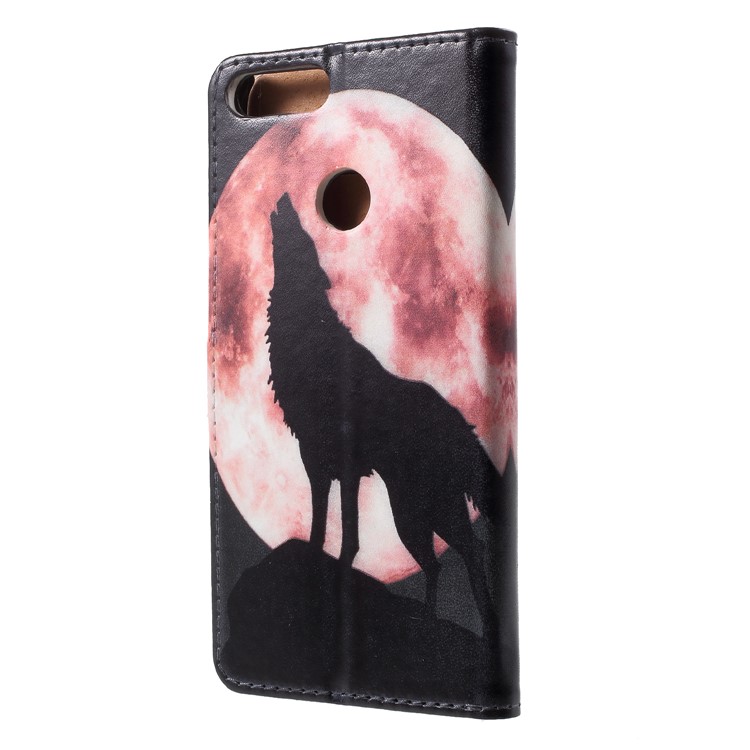 Pattern Printing PU Leather Stand Case for Huawei P Smart / Enjoy 7S - Wolf Howling at the Moon-2