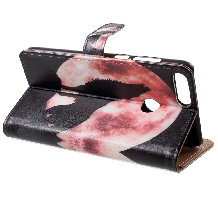 Pattern Printing PU Leather Stand Case for Huawei P Smart / Enjoy 7S - Wolf Howling at the Moon-4