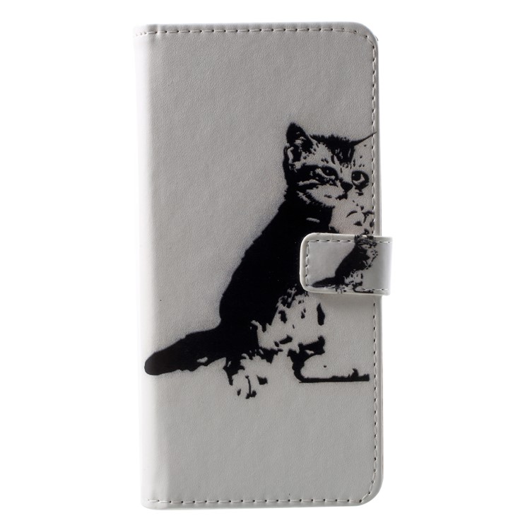 For Huawei P Smart / Enjoy 7S Patterned PU Leather Stand Protection Folio Mobile Cover - Black and White Cat-1