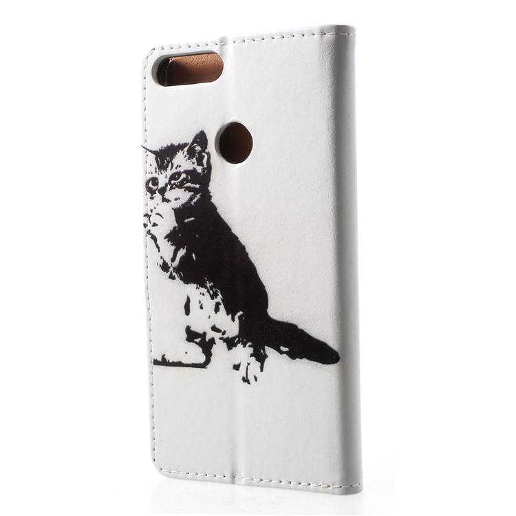 For Huawei P Smart / Enjoy 7S Patterned PU Leather Stand Protection Folio Mobile Cover - Black and White Cat-2