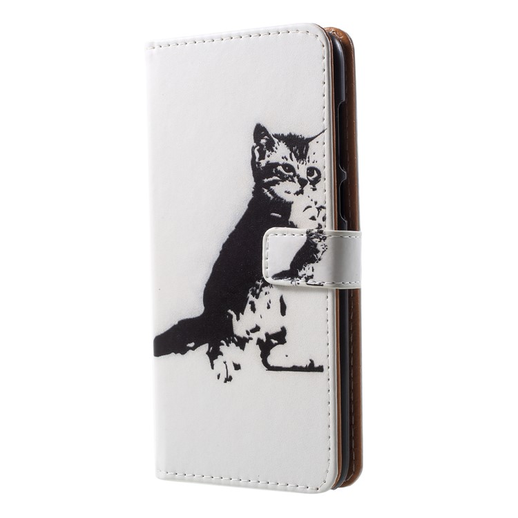 For Huawei P Smart / Enjoy 7S Patterned PU Leather Stand Protection Folio Mobile Cover - Black and White Cat-3