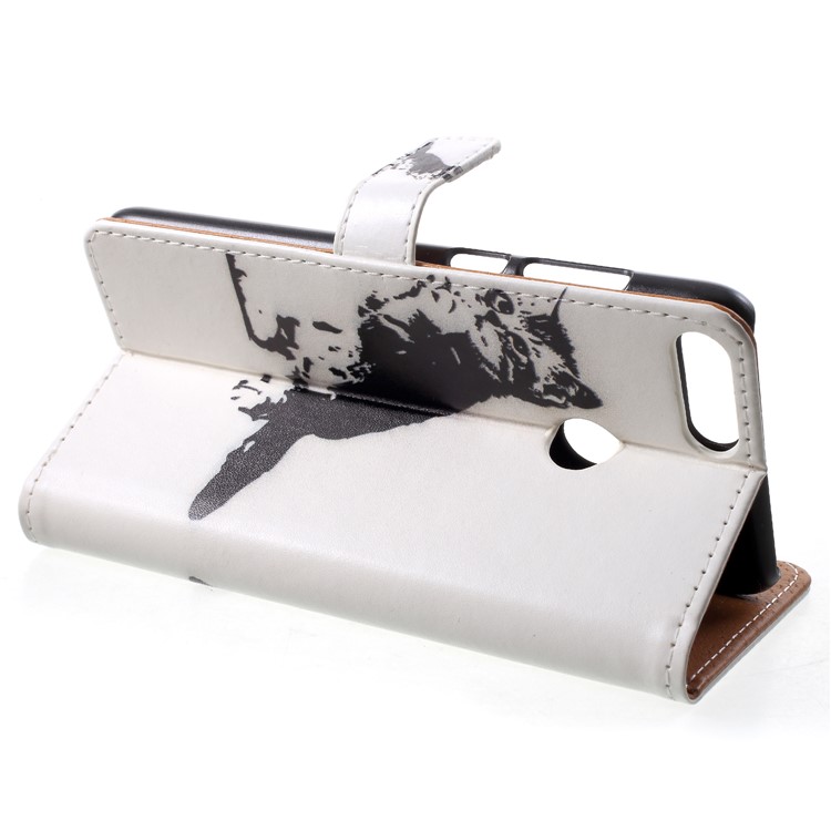 For Huawei P Smart / Enjoy 7S Patterned PU Leather Stand Protection Folio Mobile Cover - Black and White Cat-4