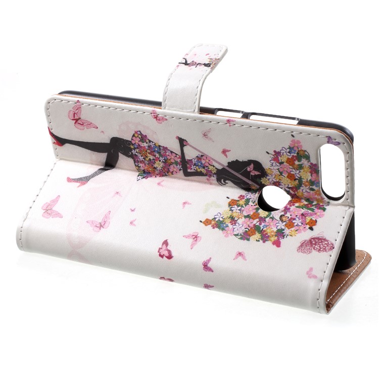 Pattern Printing Leather Wallet Stand Folio Phone Casing for Huawei P Smart / Enjoy 7S - Flowered Girl Butterflies-4