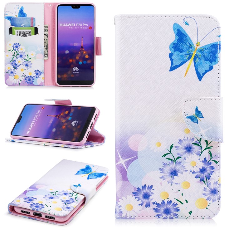 Pattern Printing Wallet Leather Stand Case for Huawei P20 Pro - Blue Butterfly and Daisy-1