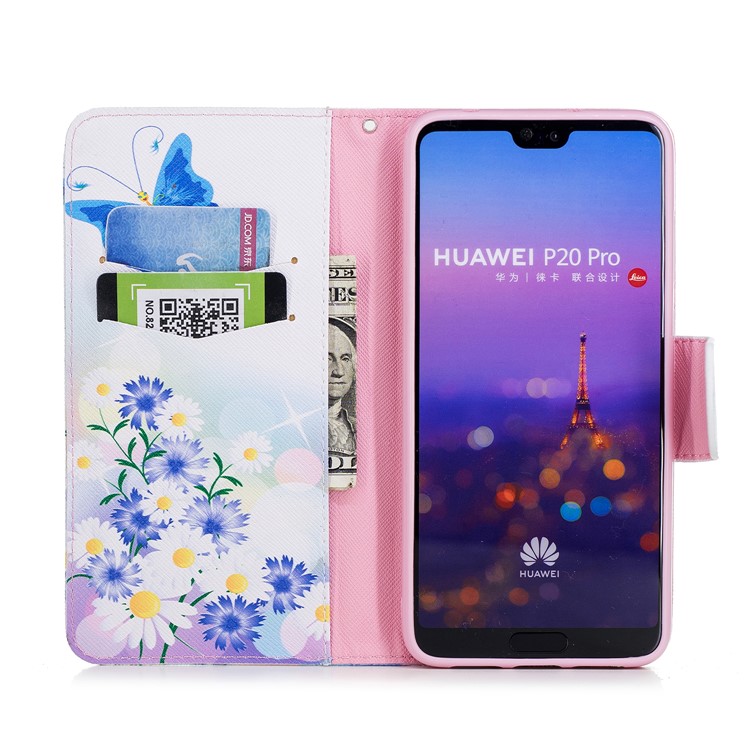Pattern Printing Wallet Leather Stand Case for Huawei P20 Pro - Blue Butterfly and Daisy-8