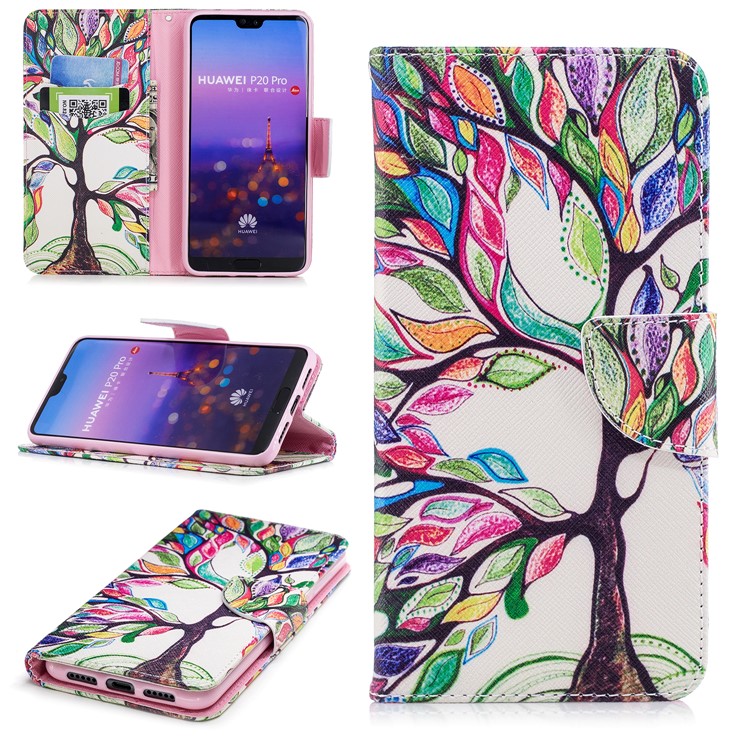 Pattern Printing Wallet Leather Shell with Stand for Huawei P20 Pro - Colorized Tree-1