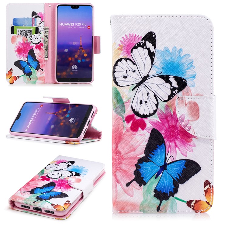 Pattern Printing Wallet Stand Leather Phone Case for Huawei P20 Pro - Butterfly and Flower-1