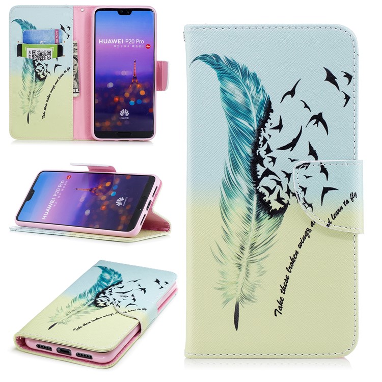 Pattern Printing Wallet Stand Leather Phone Cover for Huawei P20 Pro - Feather and Birds-1