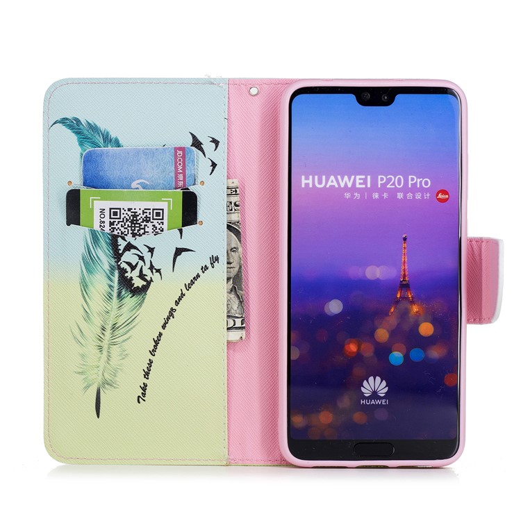 Pattern Printing Wallet Stand Leather Phone Cover for Huawei P20 Pro - Feather and Birds-8