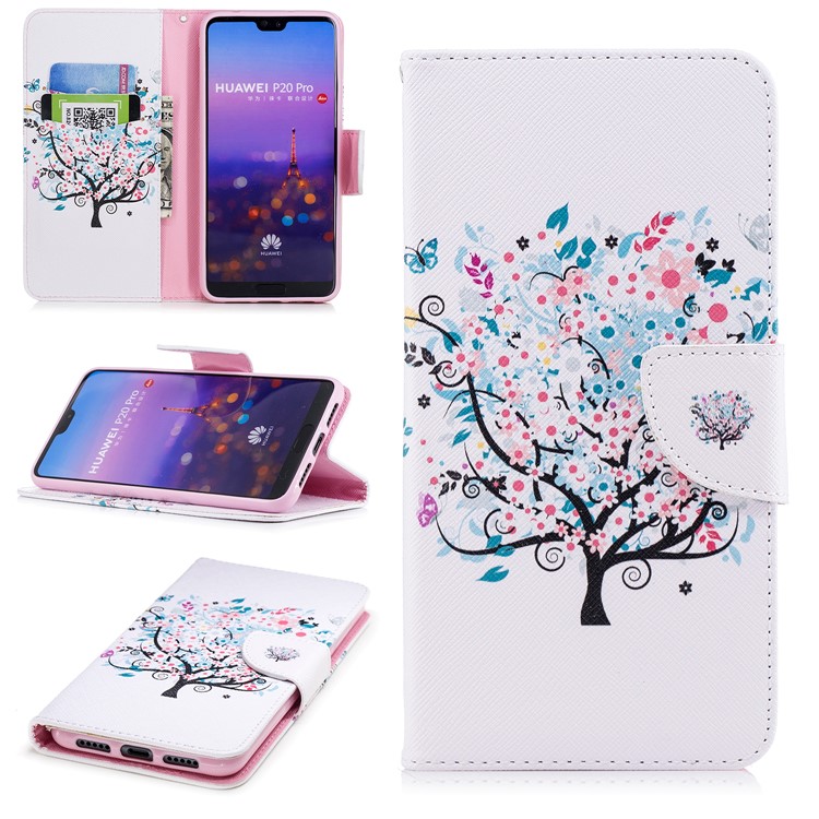 Pattern Printing Wallet Stand Leather Phone Shell for Huawei P20 Pro - Floret Tree-1