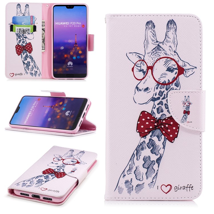 Pattern Printing Wallet Leather Mobile Casing for Huawei P20 Pro - Giraffe Wearing Glasses-1