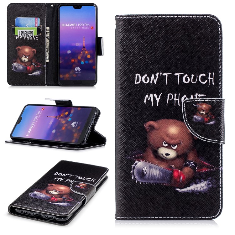 Pattern Printing PU Leather Wallet Stand Mobile Shell for Huawei P20 Pro - Brown Bear and Warning Words-1